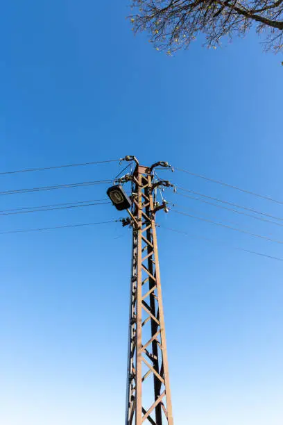 electricity pylon with view from below in the nature