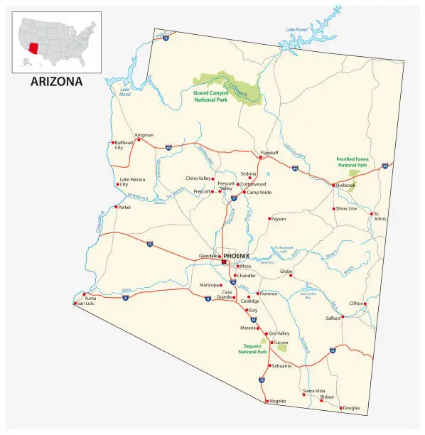 Vector illustration of road map of the US American State of Arizona