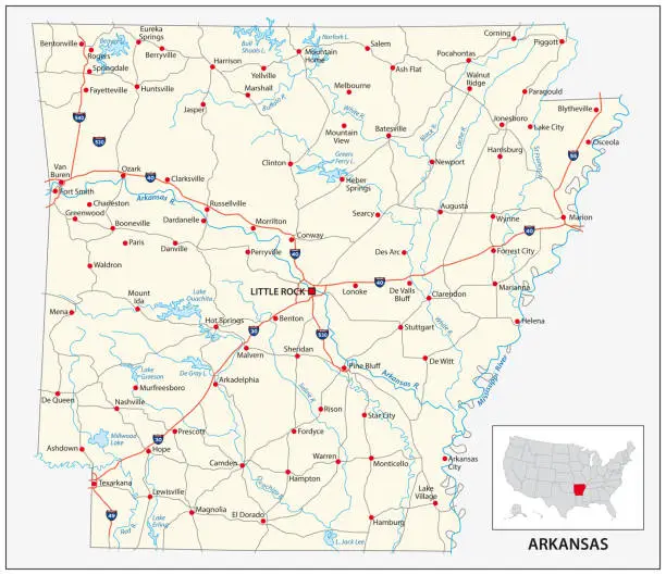 Vector illustration of road map of the US American State of Arkansas