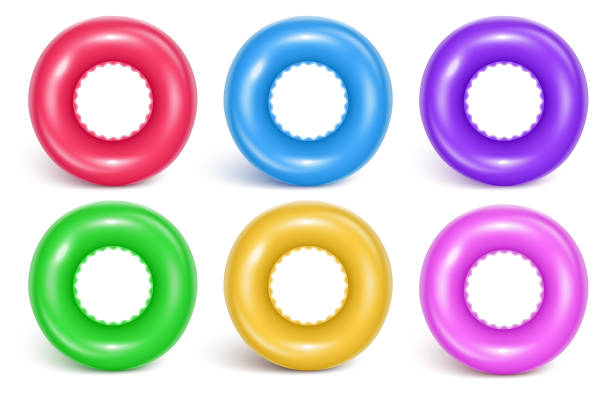 Swim ring set Set of swimming inflatable rings. Inflatable rubber toy floating for baby safety. Realistic summer illustration. View from above. Isolated on white background. Vector yellow belt stock illustrations