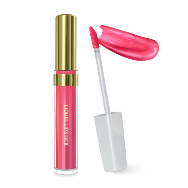 istock Liquid lipstick, Lip gloss in elegant bottle, closed container with brush and smear of lipstick on white background, can be used for leaflets for the promotion of decorative cosmetics 1145510693