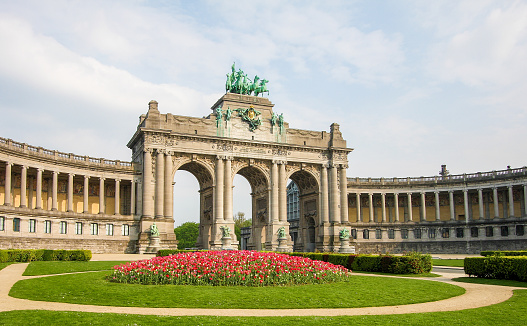 The Triumphal Arch (Arc de Triomphe) in the Parc du Cinquantenaire or Jubelpark in the European Quarter in Brussels.