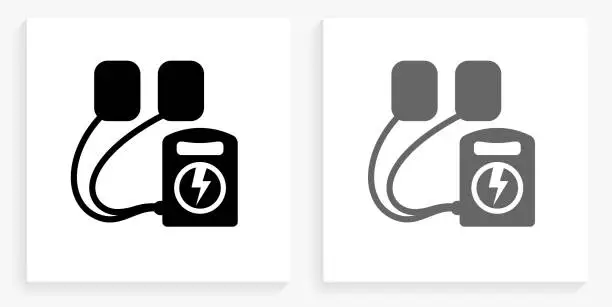 Vector illustration of Defibrillator Black and White Square Icon