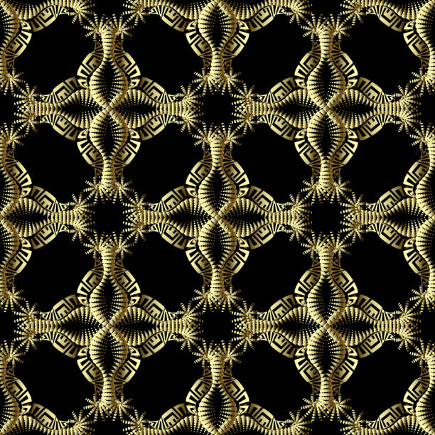 istock Floral gold textured 3d greek vector seamless pattern. Ethnic style ornamental background. Halftone arabesque flowers, leaves, dots, lines, shapes. Greek key meanders golden ornament. Ornate design 1145526702