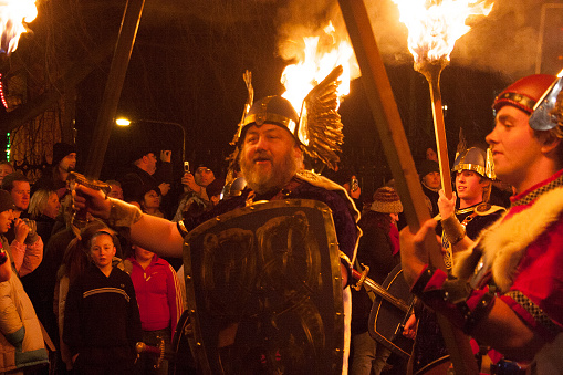 Edinburgh, Scotland, united kingdom, December, 2005. Thousands of people gathered in Edinburgh to watch the Up Helly AA torchlight procession of Vikings as it made its way through the city from the royal mile to calton hill for the start of Hogmanay celebrations.