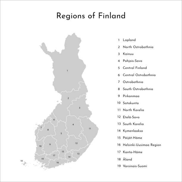 Vector isolated simplified map of Finland regions. Borders and names of administrative divisions Vector isolated simplified map of Finland regions. Borders and names of administrative divisions. Grey silhouette, white outline and  background map of helsinki finland stock illustrations