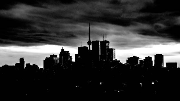 A photo of the Toronto skyline converted to black and white in very high contrast black and white. Riverdale Park in the foreground with the Toronto skyline and the CN Tower, skyscrapers and trees with clouds behind them.