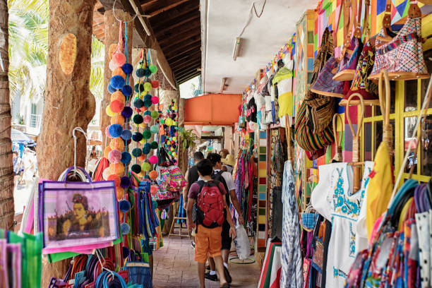Puerto Vallarta, Mexico - September 2018: Tourist walking through the outdoor areas of the shops in Sayulita, Mexico