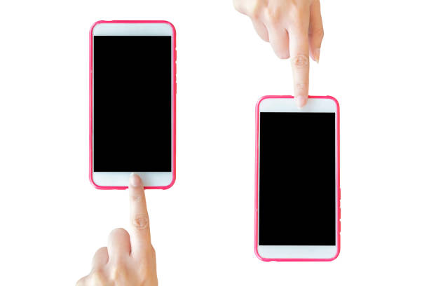 istock The woman's hand that is touching the phone, white background. The screen is black. 1145563143