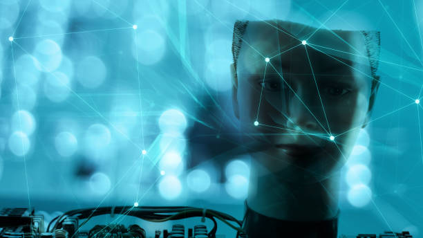 istock Artificial woman robot head, cybernetic robot ai experiment, computer digital transformation 1145564050