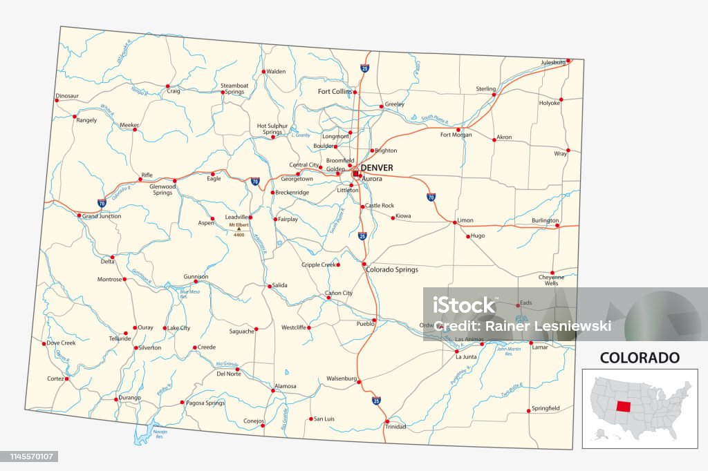 road map of the US American State of Colorado Colorado stock vector
