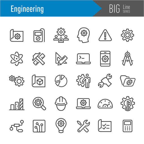 illustrazioni stock, clip art, cartoni animati e icone di tendenza di icone ingegneristiche - serie big line - drawing compass machine part engineering plan