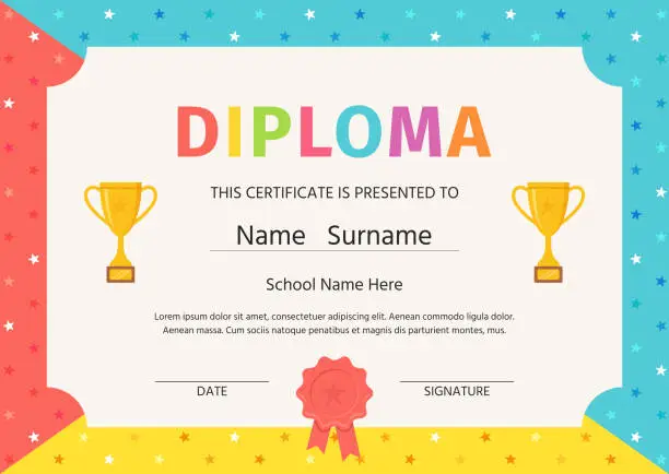 Vector illustration of Kid diploma, certificate. Vector illustration. Cute preschool design.
