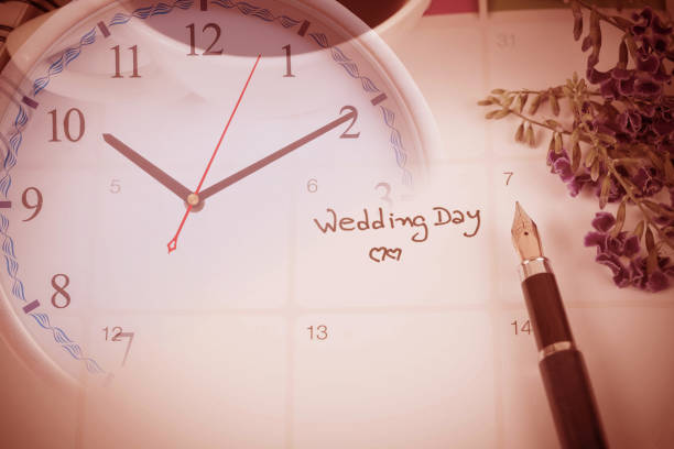istock Reminder Wedding day in calendar planning and fountain 1145570352