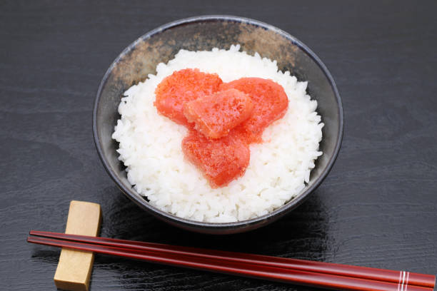 Japanes food, cooked white rice with karashi mentaiko