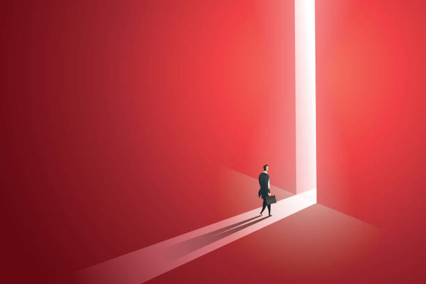 Businessman walking go to front of bright big shining door in the wall red of the hole at light falls. illustration Vector Businessman walking go to front of bright big shining door in the wall red of the hole at light falls. illustration Vector entrepreneur silhouettes stock illustrations