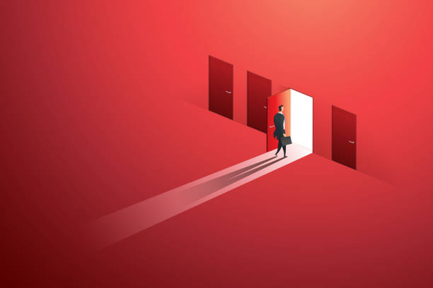 ilustrações de stock, clip art, desenhos animados e ícones de businessman walking open door of choice path to goal success on wall red. illustration vector - open door