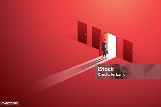 Businessman Walking Open Door Of Choice Path To Goal Success On Wall Red Illustration Vector Stock Illustration - Download Image Now