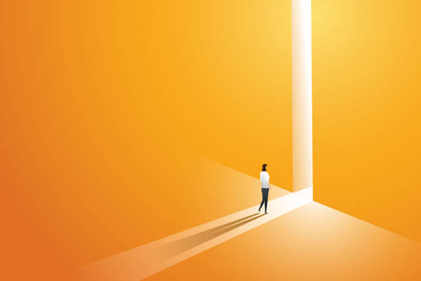 ilustraciones, imágenes clip art, dibujos animados e iconos de stock de empresaria caminando ir al frente de brillante gran puerta brillante en la pared de color naranja del agujero en la luz cae. ilustración vector - concept
