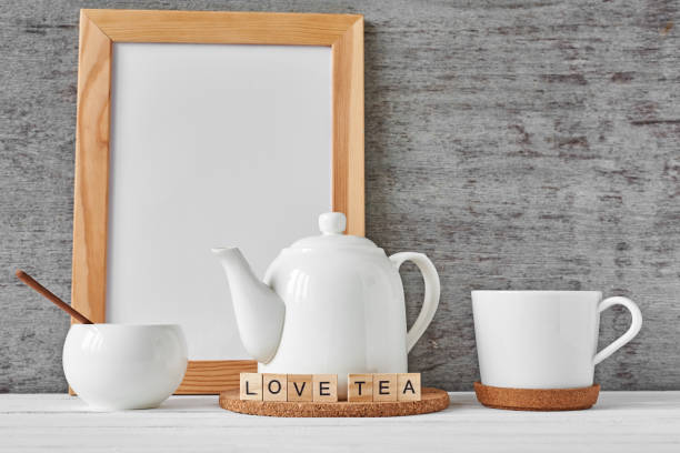 istock Cup of tea, teapot, sugar bowl, mockup 1145573755