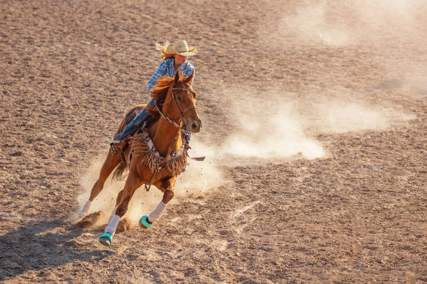 cowgirl in rodeo barrel racing competition speeding - rodeo cowboy motion horse imagens e fotografias de stock