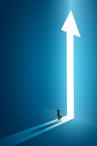 Businessman walking go to front of bright big shining arrow in the wall darke blue of the hole at light falls. illustration Vector