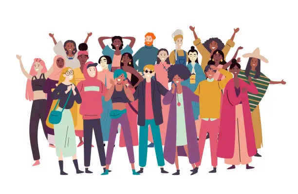 Vector illustration of Group of diverse people, mixed race crowd.