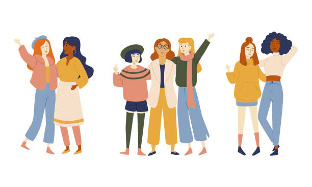 illustrations, cliparts, dessins animés et icônes de groupes d’amis féminins, portrait de jeunes femmes - lenght
