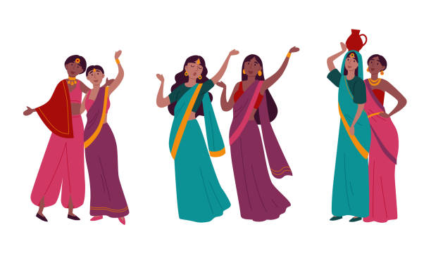 ilustrações, clipart, desenhos animados e ícones de mulheres indianas na roupa nacional tradicional do sari - saree