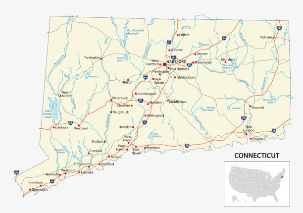 ilustraciones, imágenes clip art, dibujos animados e iconos de stock de hoja de ruta del estado estadounidense de connecticut - connecticut map