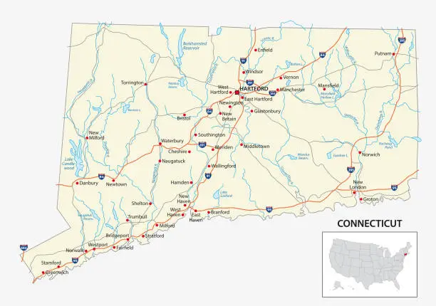 Vector illustration of road map of the US American State of Connecticut