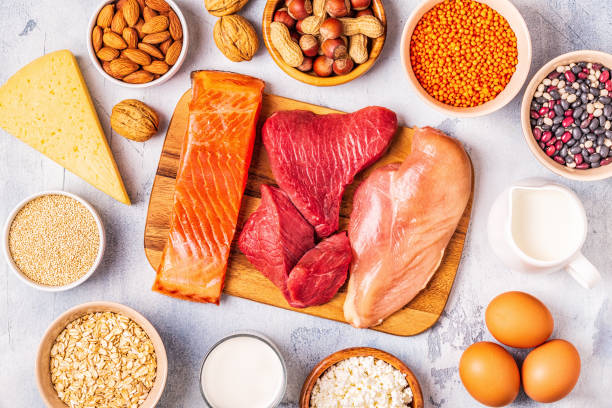Sources of healthy protein - meat, fish, dairy products, nuts, legumes, and grains stock photo