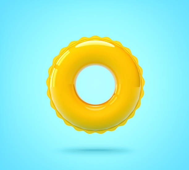 Yellow swimming ring on blue background Inflatable swimming ring on blue background. 3D rendering with clipping path inflatable stock pictures, royalty-free photos & images