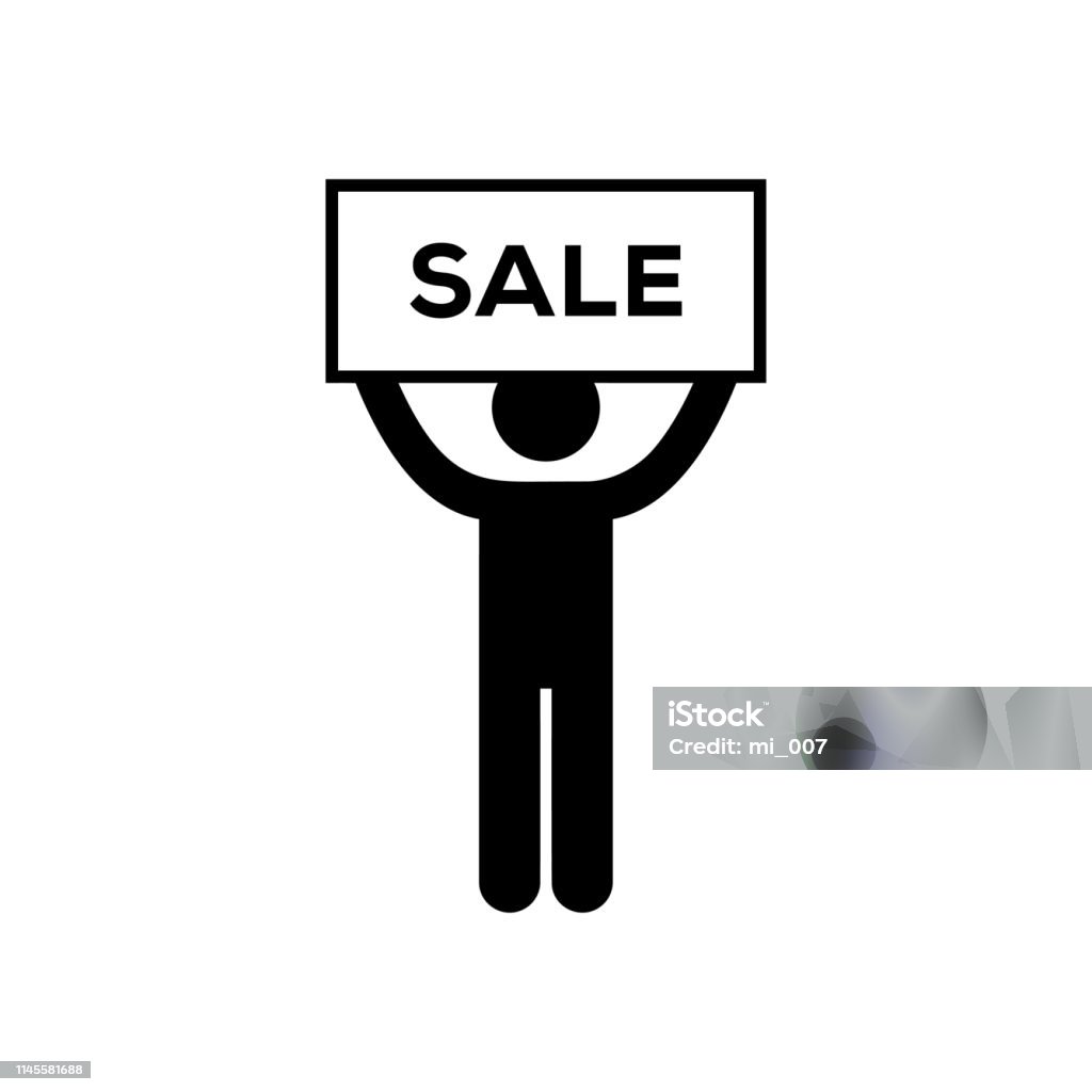 Man holding sale signboard banner icon vector. Man holding sale signboard banner vector icon. Adult stock vector