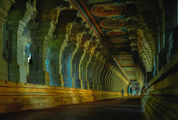 Corridors and sculptured pillars of rameshwaram temple stock photo