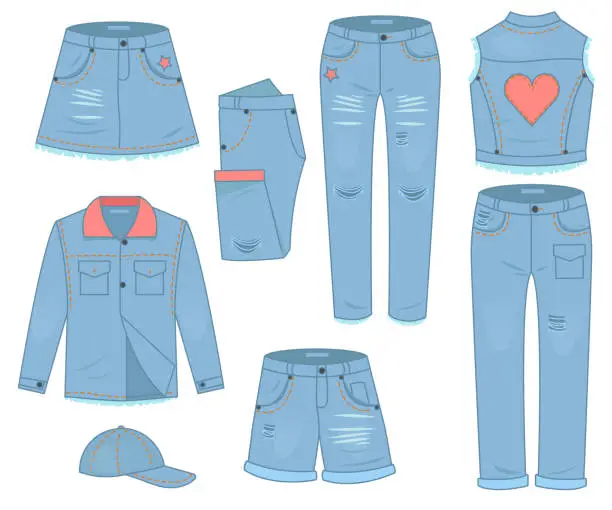 Vector illustration of Womens clothing set of blue jeans. Fashion design urban casual style