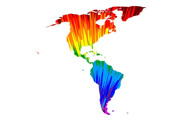 Vector illustration of North and South America continent - map is designed rainbow abstract colorful pattern