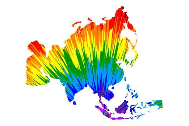 Vector illustration of Asia continent - map is designed rainbow abstract colorful pattern