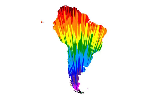 Vector illustration of South America continent - map is designed rainbow abstract colorful pattern
