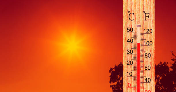 istock Summer heat. Thermometer display plus 40 degrees celsius. Orange sun in red sky 1145590182