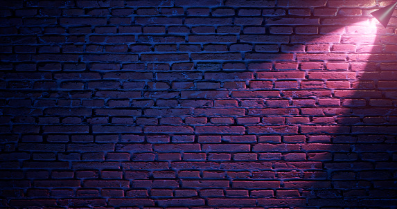 3d rendering. Brick wall illuminated by neon pink light from spotlights. Abstract background Light effect on a serving surface.