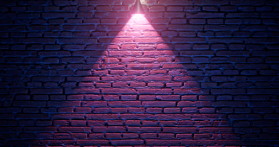 3d rendering. Brick wall illuminated by neon pink light from spotlights. Abstract background Light effect on a serving surface.