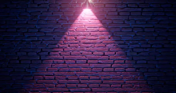 Photo of 3d rendering. Brick wall illuminated by neon pink light from spotlights. Abstract background Light effect on a serving surface.