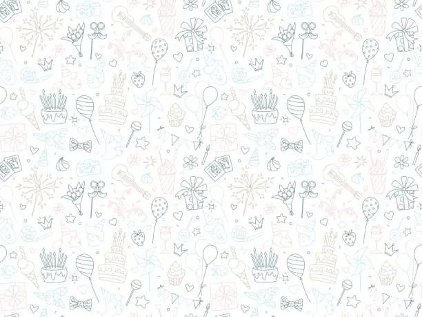 Vector illustration of Happy Birthday lettering thin line seamless pattern festive background.