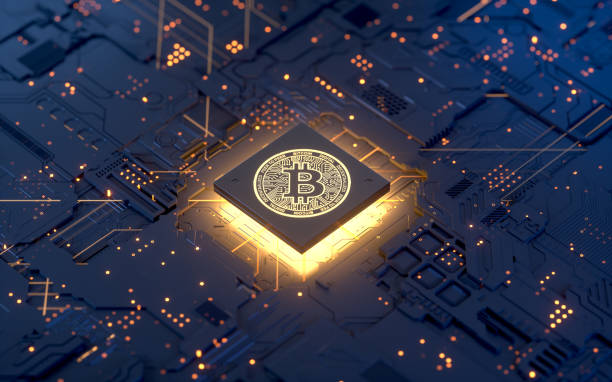 Bitcoin Bitcoin on motherboard,3d rendering,conceptual image. gold bitcoin stock pictures, royalty-free photos & images