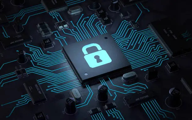 security lock symbol on circuit board.3d rendering,conceptual image.