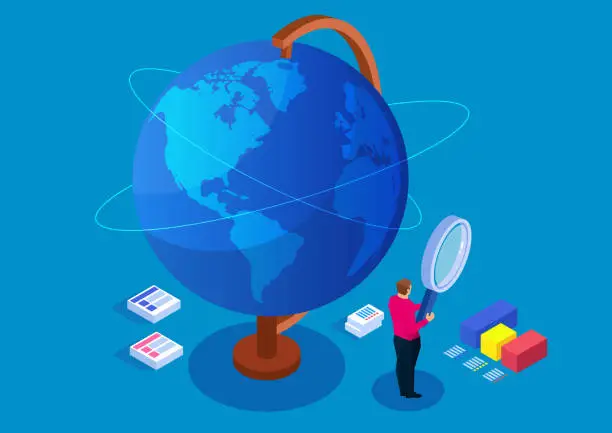 Vector illustration of Businessman holding magnifying glass studying globe, global finance