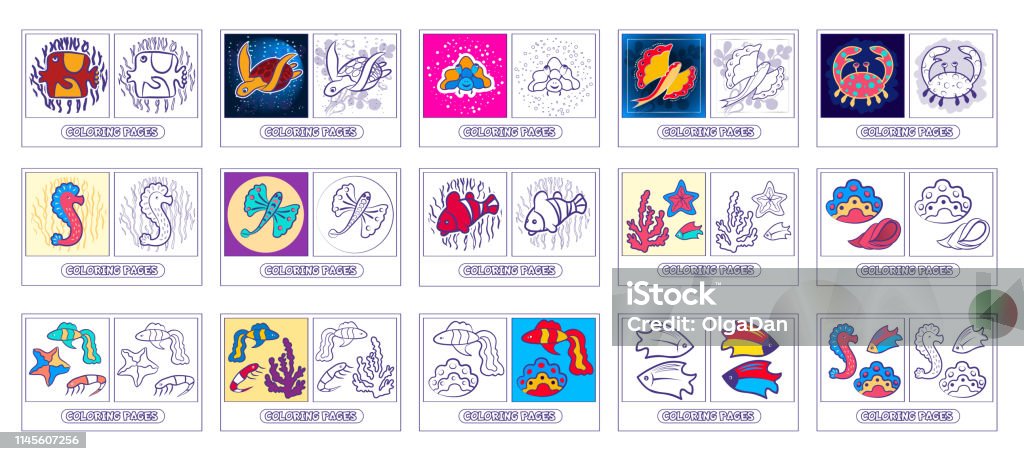 Underwater world coloring collection Collection coloring for kids - the underwater world - Residents of the seas and oceans. Fish, starfish, crab, turtle, seahorse, coral, flying fish.Isolated on a white background. Vector illustration. Coloring Book Page - Illlustration Technique stock vector