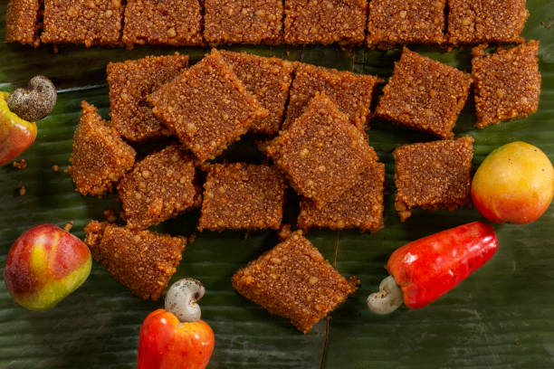 Top view of Walithalapa on a banana leaf, a new year festive sweet decorated with cashew fruit stock photo