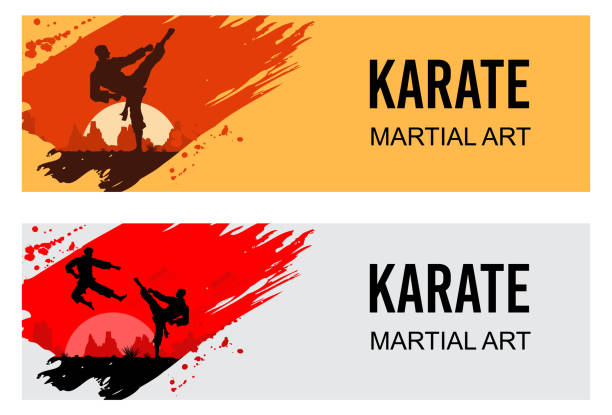 ilustraciones, imágenes clip art, dibujos animados e iconos de stock de artes marciales, silueta de dos combates de karate masculino, vector - karate kicking tae kwon do martial